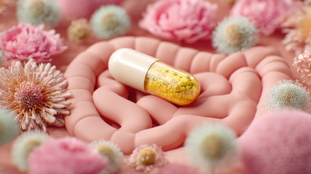 Probiotic pill releases healthy flora within a detailed 3D cross-section of the intestine, showing interactions in the digestive environment.の素材