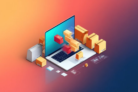 Laptop displays packages flowing from its screen, symbolizing a digital delivery system for e-commerce and logistics. Modern design showcases technology.の素材