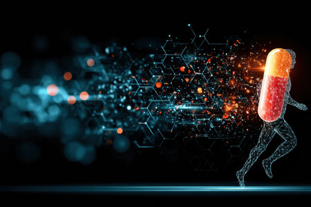 A vivid representation of a smart pill dissolving within a digital silhouette, illustrating the intersection of technology and health in modern medicine.の素材