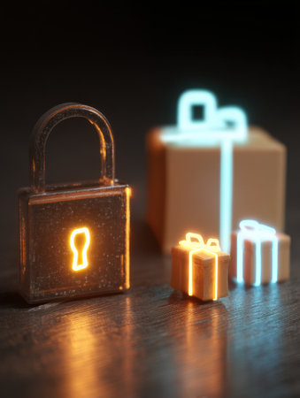 A glowing lock symbolizes security for online payments alongside illuminated package icons, representing e-commerce transactions and digital purchases.の素材