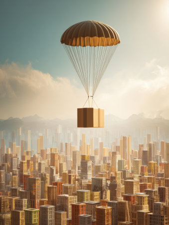 A cardboard box floats gently down with a parachute above a colorful city skyline as the sun sets, casting a warm glow on the buildings below.の素材