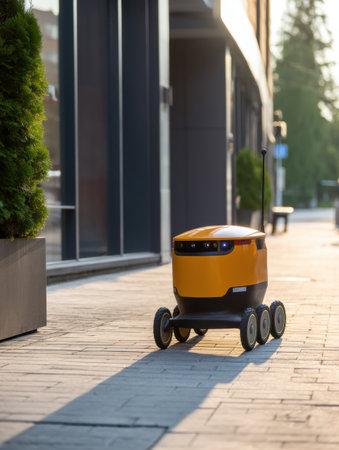 A smart delivery robot moves steadily along a deserted sidewalk, showcasing modern technology in an urban setting during the calm of early morning.の素材