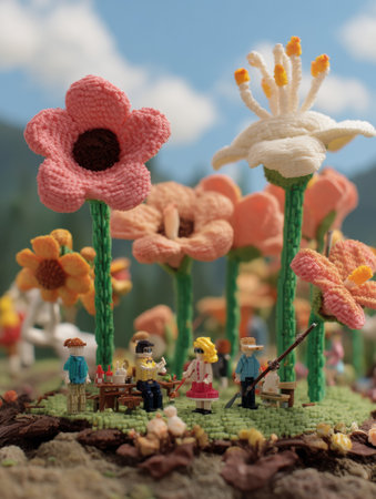 Delightful tiny characters gather for a cheerful picnic atop oversized flowers in a colorful garden, basking in the warmth of a sunny day.の素材