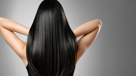 Woman elegantly displays her long, straight, shiny black hair, exuding confidence and health in a minimalist backdrop.の素材