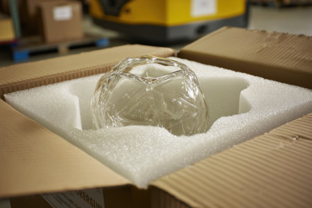 A delicate glass piece is nestled within protective foam, ensuring safety during shipping. The setting indicates a storage area prepared for dispatch.の素材