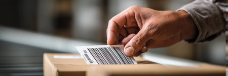 Hands carefully place a barcode label on a parcel in a warehouse to ensure proper tracking and organization during the shipping process.の素材