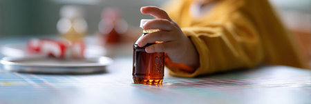 A child reaches for a syrup bottle on a medical table, surrounded by blurred bottles and a plate, capturing a moment of curiosity.の素材
