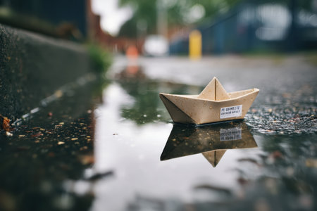 Small paper boat navigates through a puddle, transporting a tiny package while surrounded by wet asphalt and reflections during a rainy day.の素材