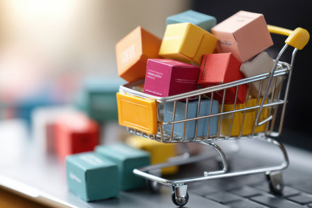 A shopping cart overflowing with vibrant boxes showcases online shopping activity on a checkout page, reflecting consumer choices and convenience.の素材