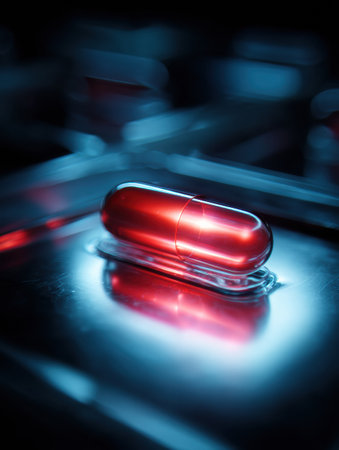 A vibrant red capsule emits a soft glow as it lies on a sterile metallic surface, surrounded by a dark, contemporary laboratory setting.の素材