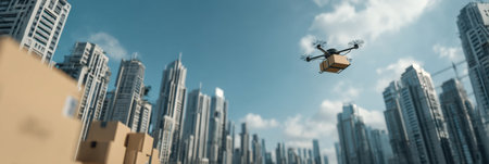 A transports drone parcel across a vibrant city skyline filled with tall buildings and clear blue skies, illustrating advanced delivery technology in action.の素材