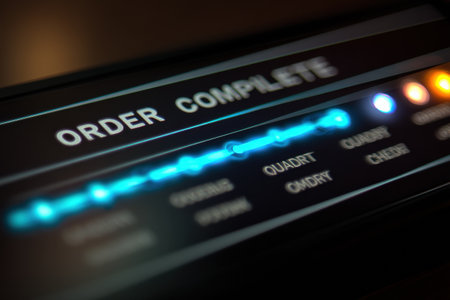 A glowing progress bar displays the order complete message in a sleek digital interface. The design features indicators that evoke a sense of fulfillment.の素材