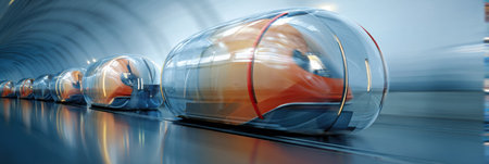 Cargo pods speed along a transparent vacuum tunnel, showing advanced technology and innovation in transportation with a sleek and efficient design.の素材