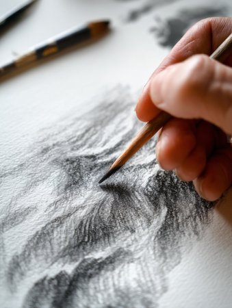 Close-up of a hand skillfully applying charcoal to textured white paper, capturing the artistry and focus involved in the creative drawing process.の素材