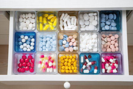 Top view of an organized medicine drawer displaying a variety of colorful pills neatly arranged in containers, revealing an orderly selection of medications.の素材