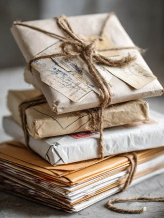 A collection of mail parcels stacked together and bound with rustic string is placed on a textured surface, showing vintage stamps and labels.の素材
