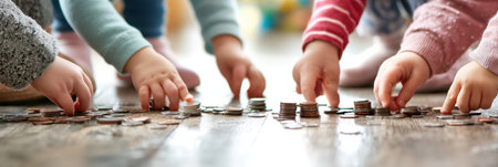 Small hands carefully sort and count coins spread across the floor, as children plan how to save for important groceries together in a warm spaceの素材