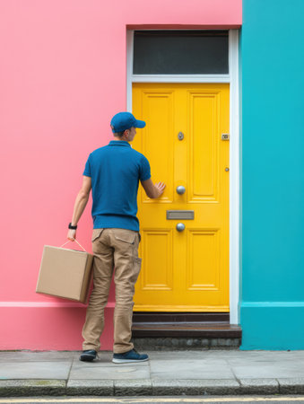 A delivery man stands outside a vibrant house, knocking on the yellow door, ready to deliver a package during a sunny day in the city.の素材