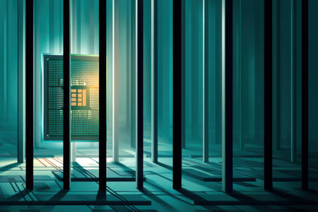 A semiconductor chip is visibly secured behind trade bars, bathed in an ethereal light within a modern, technological setting, evoking a sense of innovation.の素材