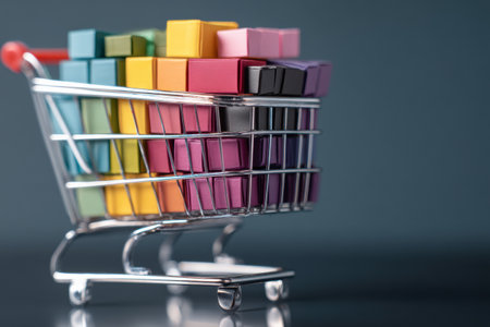 Checkout page displays a shopping cart filled with vibrant gift boxes, showing a variety of colors and sizes, perfect for holiday shopping.の素材