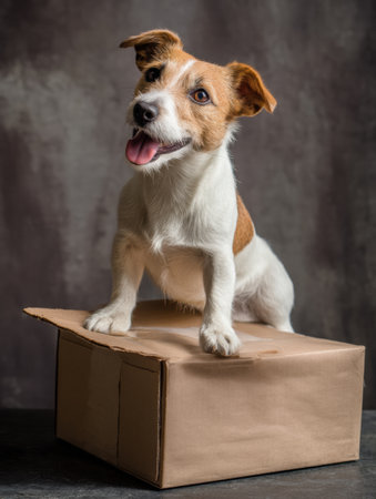 A cheerful dog sits happily on a brown delivery package, showing its playful nature while adding humor to the cozy indoor ambiance.の素材
