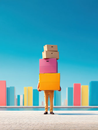 A courier balances a colorful stack of cardboard boxes while navigating through a cheerful, minimalist cityscape under a clear blue sky.の素材