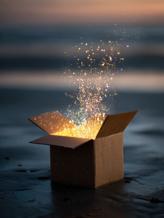 Glowing magical light escapes from an open cardboard box at dusk, illuminating the sandy beach and creating an ethereal atmosphere of mystery and awe.の素材