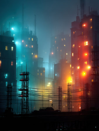 Futuristic cityscape shrouded in mist, with vibrant neon lights illuminating tall structures while power lines crisscross the blurred horizon at dusk.の素材