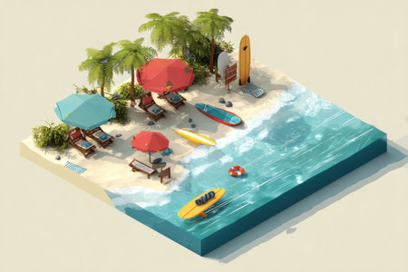 Umbrellas provide shade as colorful surfboards rest on the sandy beach, creating a perfect setting for sunbathers and water enthusiasts to enjoy.の素材
