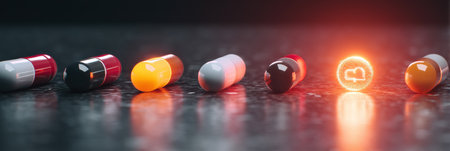 A sequence of pills transitions into a radiant health icon, showing the transformation of health concepts over time in a creative visual representation.の素材