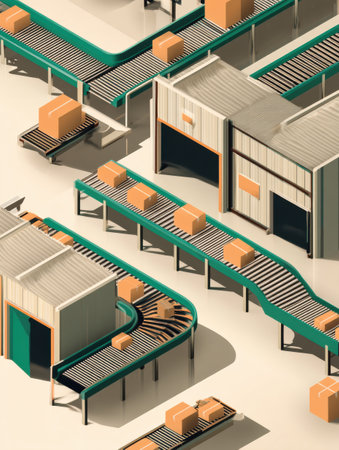 Conveyor belts transport packages throughout a well-structured warehouse, highlighting an isometric design that showcases efficiency in logistics operations.の素材