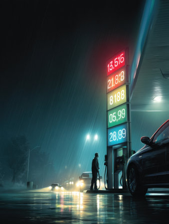 Under cinematic lighting, a shocked driver leans against their car, staring at inflated fuel prices at a gas station during a rainy night.の素材