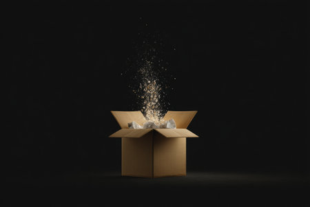 A box opens dramatically in slow motion, releasing colorful particles into the air, creating a visually stunning effect in a dark environmentの素材