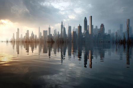 A skyline of skyscrapers is partially submerged, reflecting the effects of rising sea levels in a coastal city.の素材