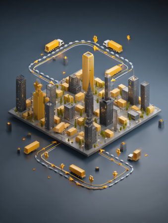 This detailed illustration depicts an isometric parcel route map featuring urban areas connected by arrows, symbolizing transportation routes and logistics.の素材