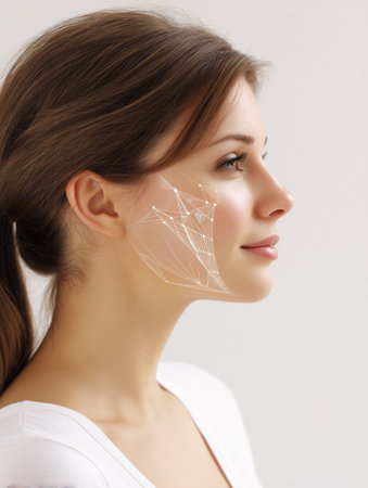 Woman with a serene expression displays a digital implant overlay on her cheek, highlighting the intersection of technology and beauty in a contemporary space.の素材