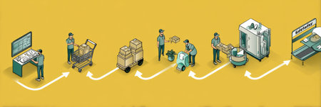 Process illustration detailing the stages from shopping cart selection to final delivery with various roles and activities present in fulfillment.の素材