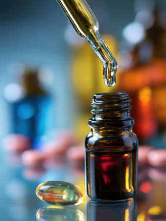 Liquid droplet falls from a dropper into a dark dropper bottle surrounded by colorful pills and softly blurred containers in the background.の素材