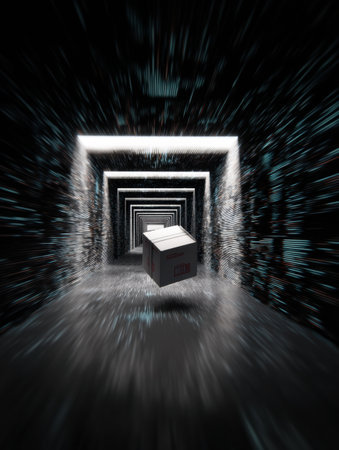 A parcel navigates through a series of dynamic digital tunnels, showing a futuristic vision of logistics and parcel delivery in motion.の素材