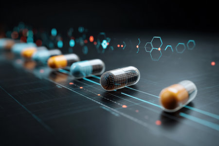 Holographic visuals show a timeline of medicine effectiveness, with colored capsules moving along a path to highlight data points.の素材