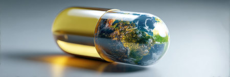 A unique representation of Earth encased within a clear vitamin capsule symbolizes the intersection of health and environmental awareness in modern medicine.の素材