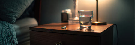 A glass of water sits next to a single pill on a nightstand, softly lit by a nearby lamp in a cozy bedroom, creating a tranquil nighttime atmosphere.の素材