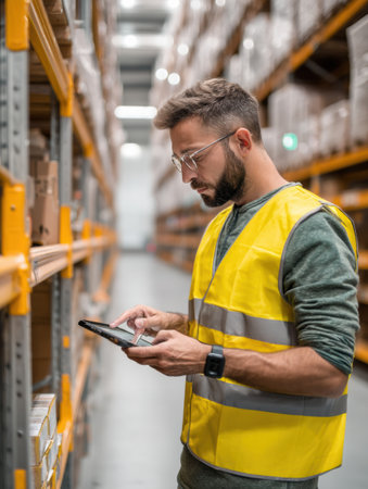 A warehouse worker in a yellow safety vest stands focused while scanning inventory items with a digital tablet in a well-organized distribution center.の素材
