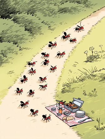 Groups of cheerful ants march along a dirt path towards a vibrant picnic spread, loaded with food and drinks, set in a bright outdoor setting.の素材