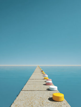 A long, straight path of colorful pills leads into the serene horizon, symbolizing a journey towards health over tranquil waters under a clear sky.の素材
