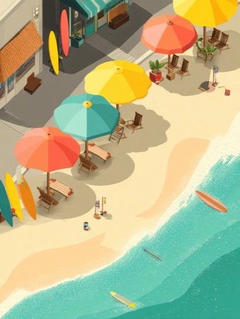 People can enjoy the vibrant summer atmosphere at the beach with bright umbrellas, surfboards, and seating along the sandy shore, perfect for fun.の素材