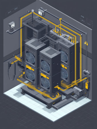 Isometric view of a server farm with multiple units, cooling fans, and extensive cabling for optimal performance and efficiency.の素材