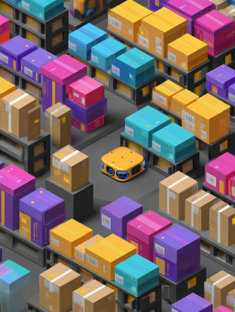A fleet of warehouse robots is actively sorting and organizing vibrant shipping boxes in a structured layout, optimizing space and efficiency.の素材