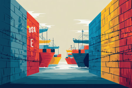 Cargo ships are stranded in a harbor blocked by colorful tariff walls labeled USA, China, and EU, depicting the complexities of international trade.の素材