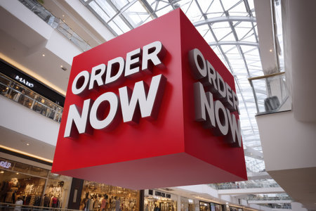 A massive 3D order now button hangs prominently in the air above shoppers in a bustling shopping mall, encouraging immediate purchases and engagement.の素材